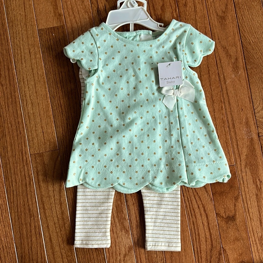 Mint green and Gold polka dot Tahari baby two piece